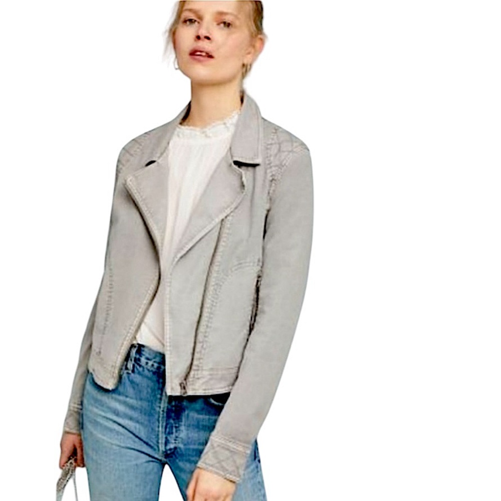 by Anthropologie Moto Jacket Light Grey Mixed Media Soft Jersey Lining Sz XS